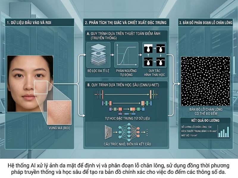 AI nhận diện lỗ chân lông phát hiện vùng tối, hình dạng và mật độ trên ảnh