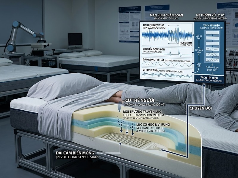 Cảm biến giấc ngủ dưới nệm ghi nhận chuyển động, nhịp thở và nhịp tim ra sao?
