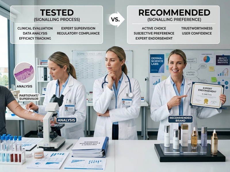 Phân biệt dermatologist recommended và tested về mức độ tín hiệu chuyên môn