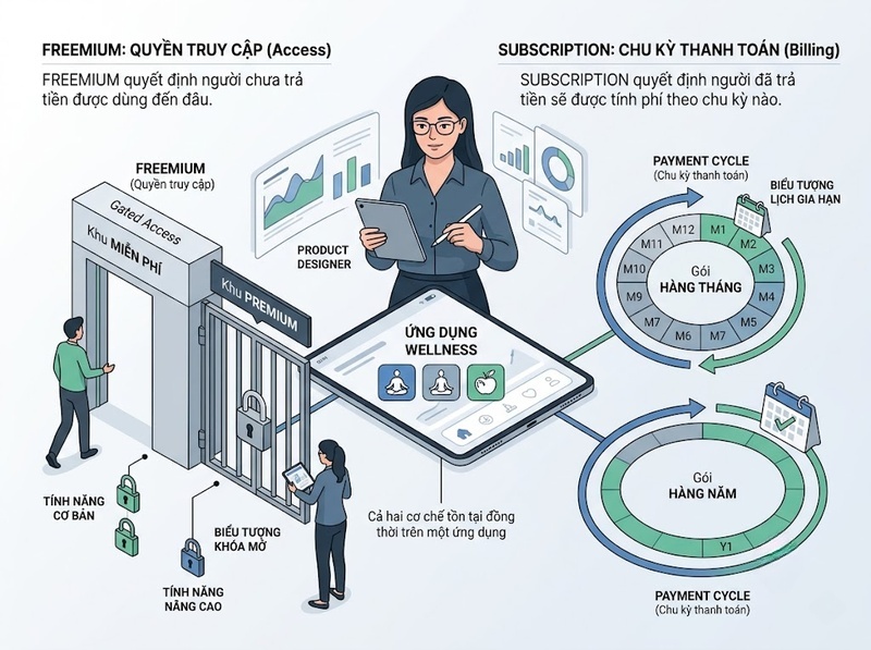 So sánh freemium và subscription wellness app về tiếp cận và doanh thu