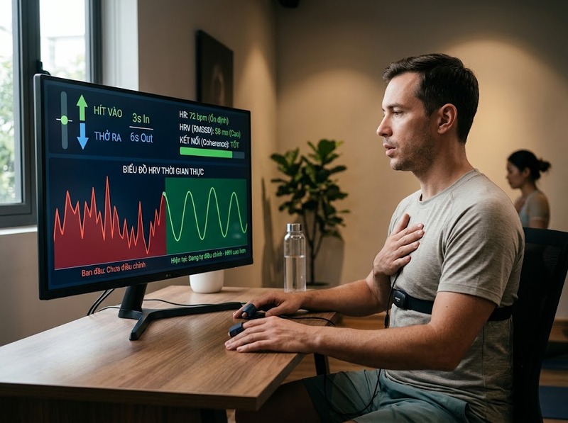 HRV biofeedback kết hợp nhịp thở và phản hồi HRV để luyện điều hòa