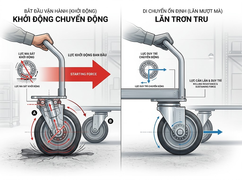 Bánh xe đẩy ảnh hưởng thế nào đến lực cần dùng khi vận chuyển hàng?