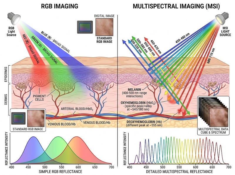 Multispectral imaging phân tích da dùng nhiều dải sáng để làm rõ đặc điểm
