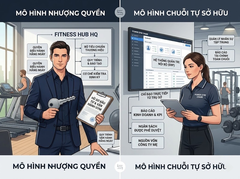 So sánh nhượng quyền gym và chuỗi gym về kiểm soát và mở rộng
