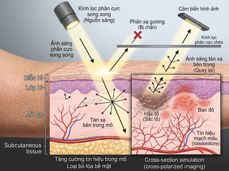 Polarized light skin analysis giảm phản xạ để quan sát đặc điểm bề mặt rõ hơn