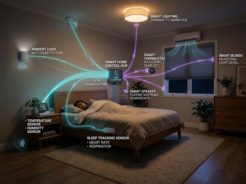 Smart home sleep technology đồng bộ ánh sáng, nhiệt độ và âm thanh cho giấc ngủ